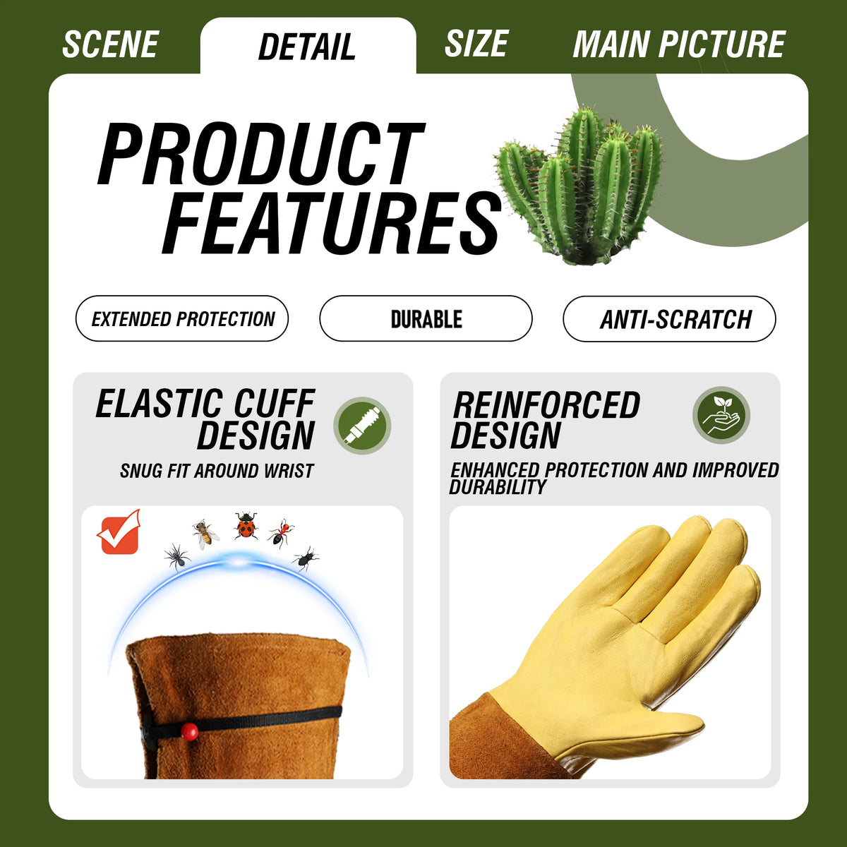 Product features display includes elastic cuff design and reinforced design for gardening gloves.