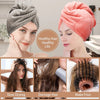 A woman models an orange knitted hair turban, alongside images showing slow drying, damage, and frizz prevention.