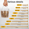 A hand holds a clear plastic container filled with various sizes of rust-resistant deck and fence screws.