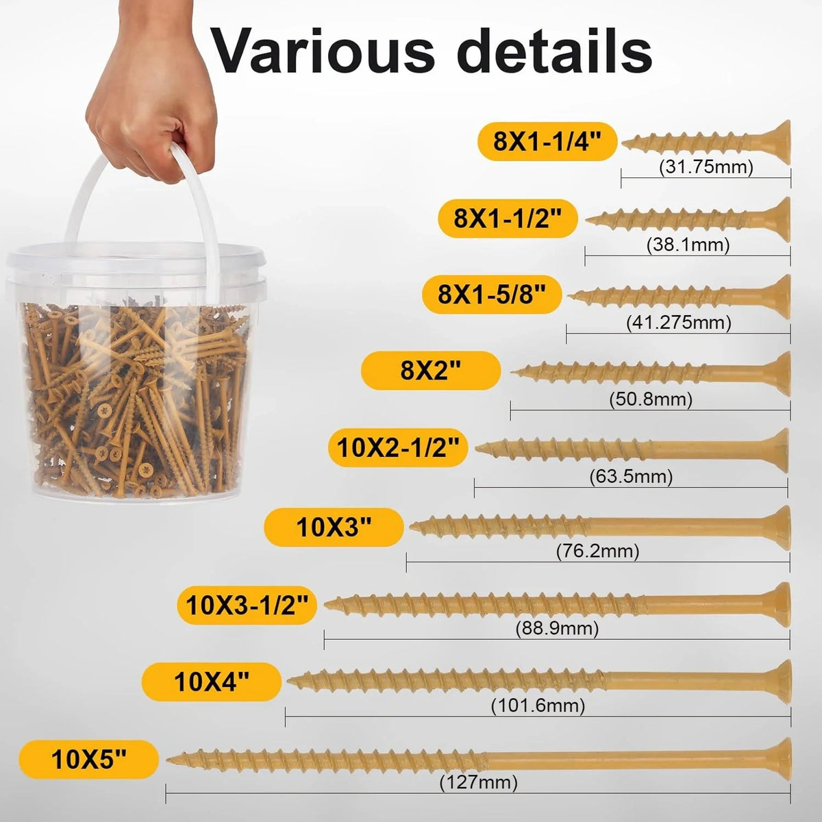 A hand holds a clear plastic container filled with various sizes of rust-resistant star drive wood screws.