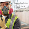 A worker wearing a full-face respirator mask and safety gear is shown, with suggested applications listed.