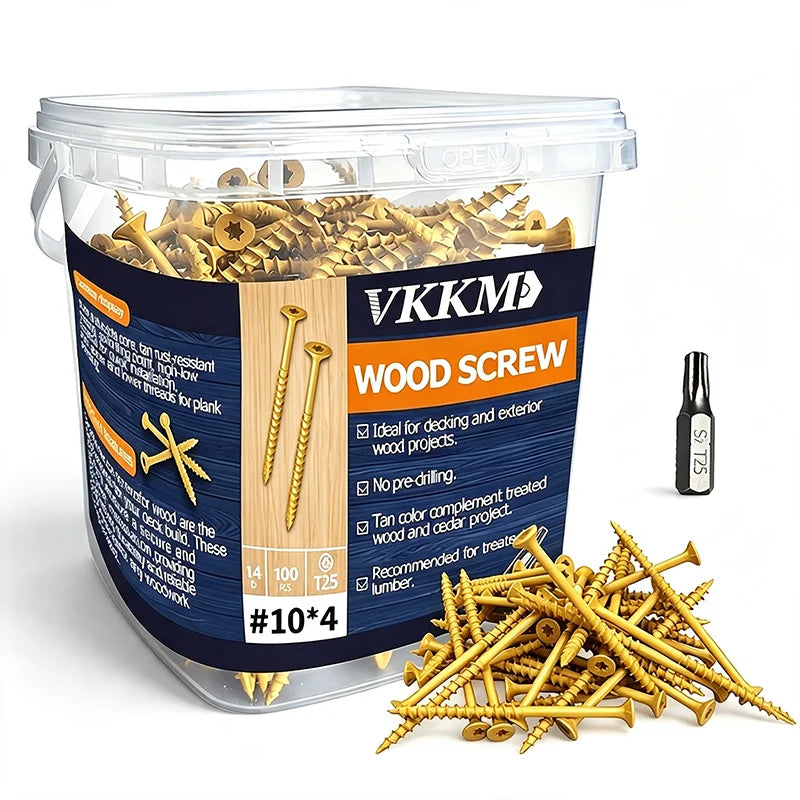 A clear plastic container of wood screws with a T25 bit included, showing various sizes and types.