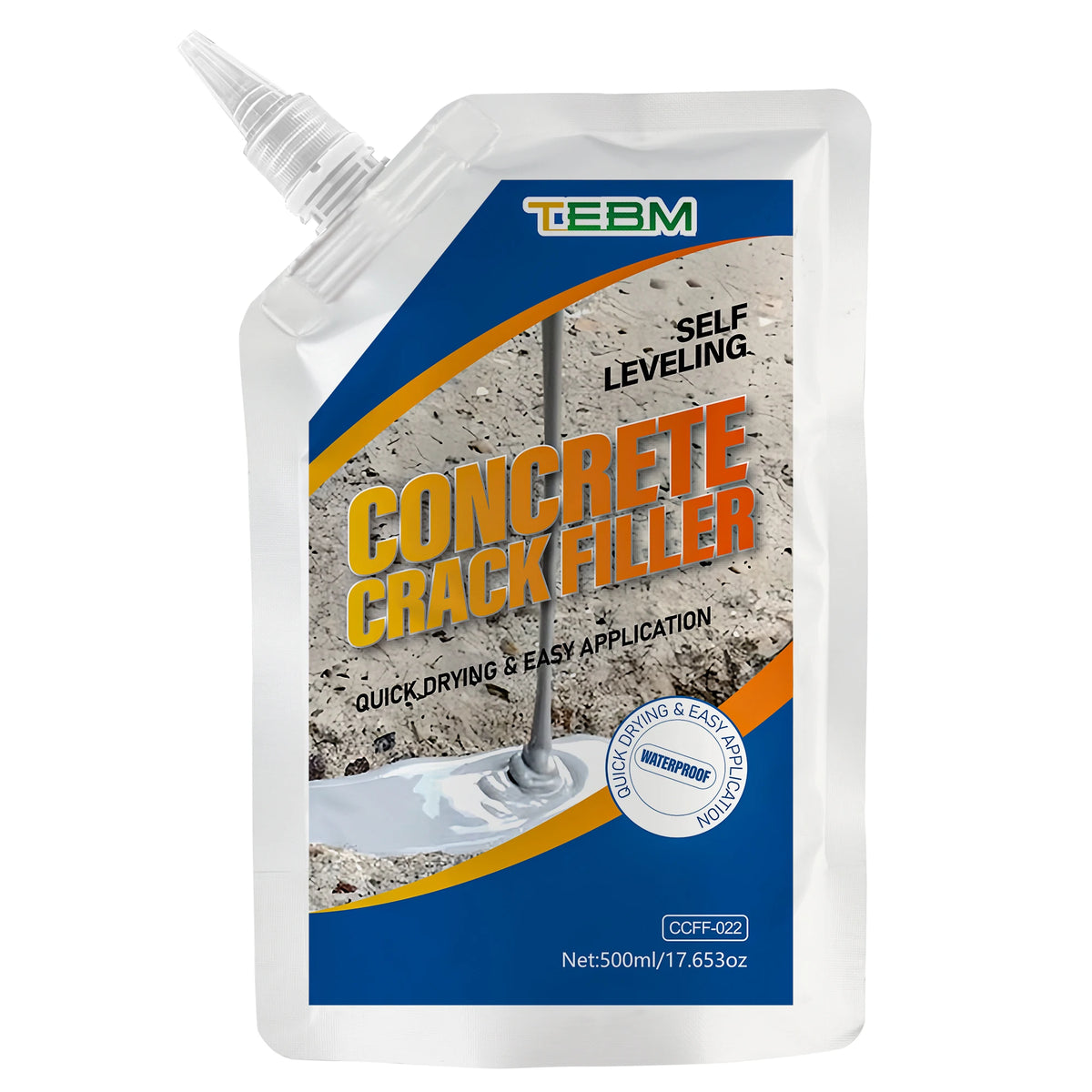 A white plastic bottle of Self-Leveling Concrete Crack Filler for quick-drying and easy application.
