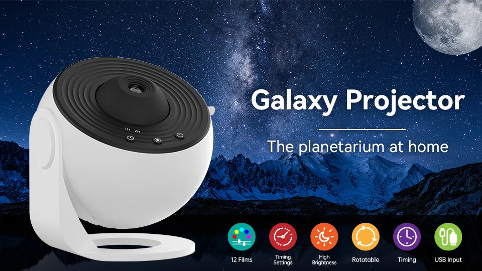 A white Galaxy Projector device is shown against a dark night sky with stars and the moon, highlighting its features.