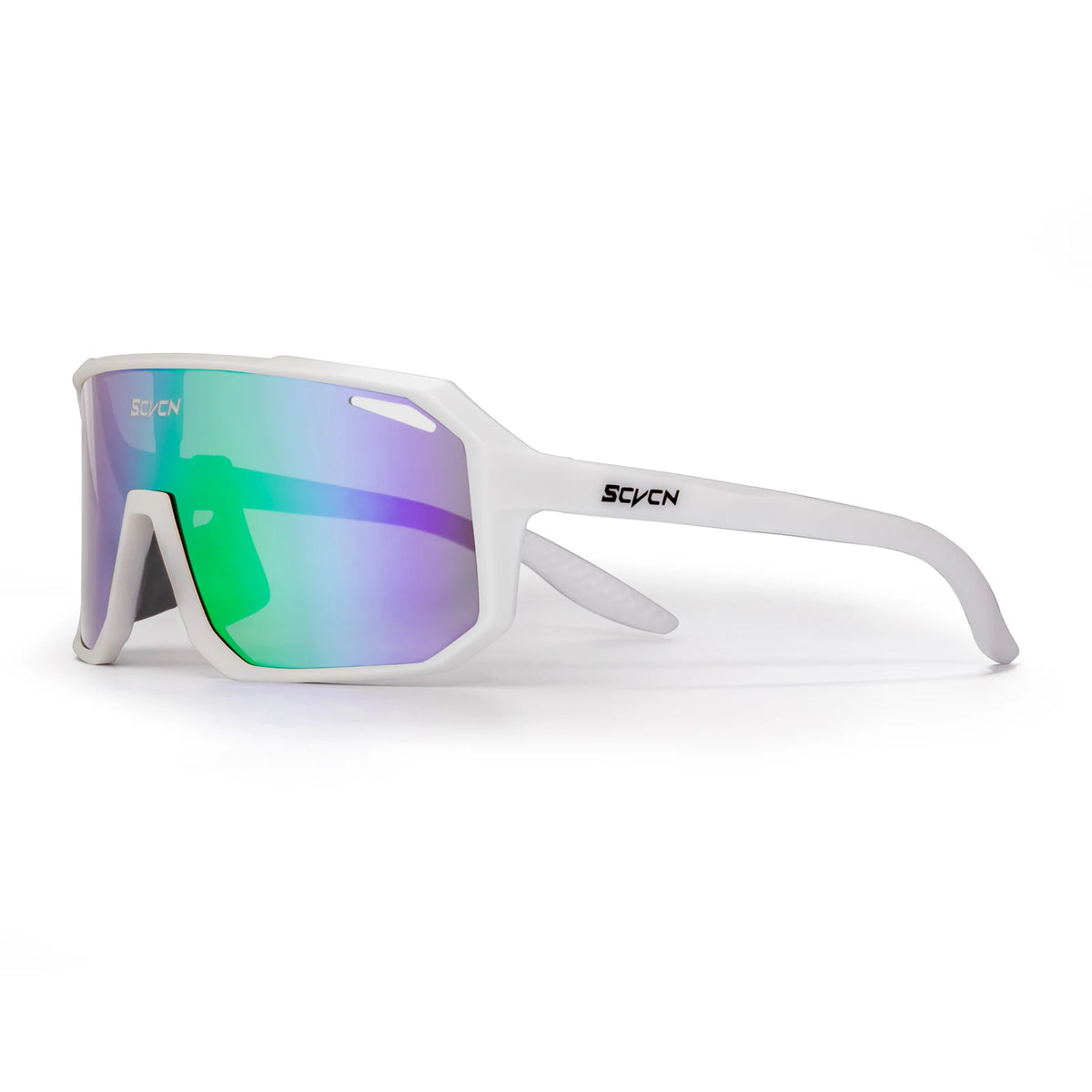 A pair of white photochromic cycling sunglasses with a purple-green lens and black frame.