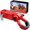 A red heavy-duty shackle hitch receiver set with a D-ring and trailer pin is shown next to its packaging.