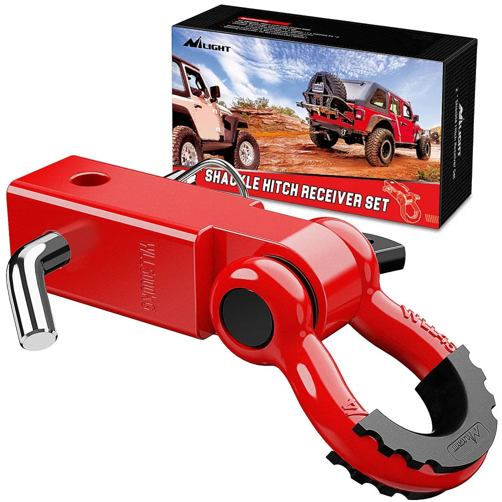 A red heavy-duty shackle hitch receiver set with a D-ring and trailer pin is shown next to its packaging.