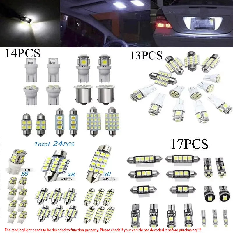 A collection of various LED light kits for car interior upgrades, including 14PCS, 13PCS, and 17PCS options.