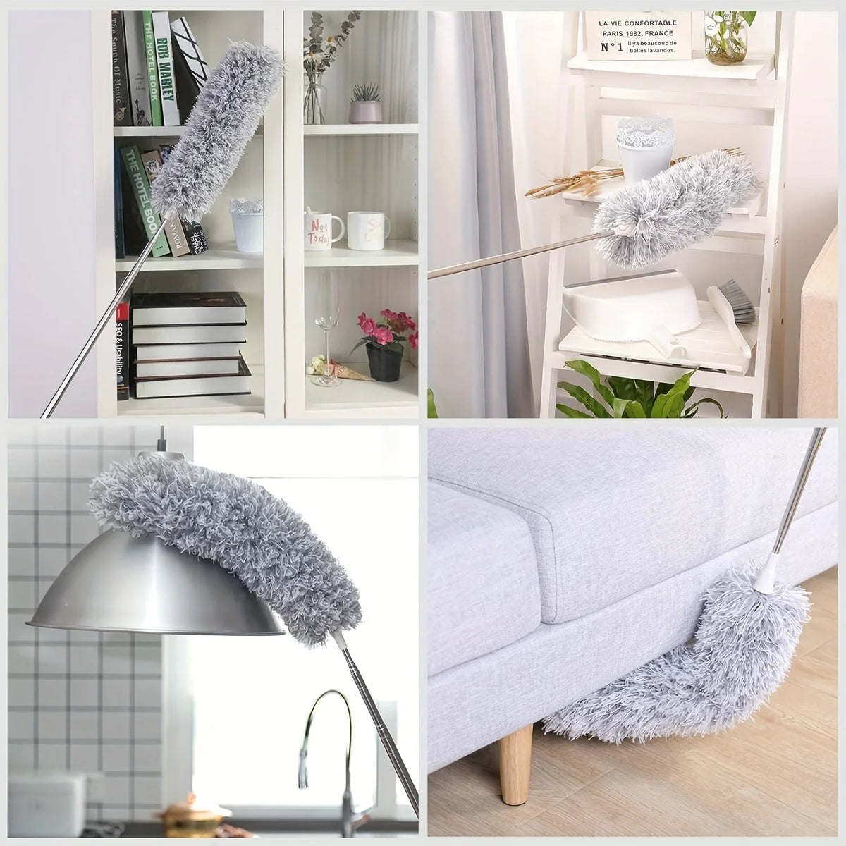 A telescopic extendable duster with a fluffy gray head is shown in various contexts, including a shelf display and near a sof