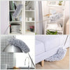 A telescopic extendable duster with a fluffy gray head is shown in various contexts, including a shelf display and near a sof