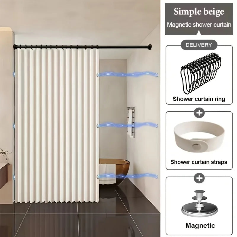 Rideau de douche magnétique beige simple avec ourlet lesté et anneaux et sangles