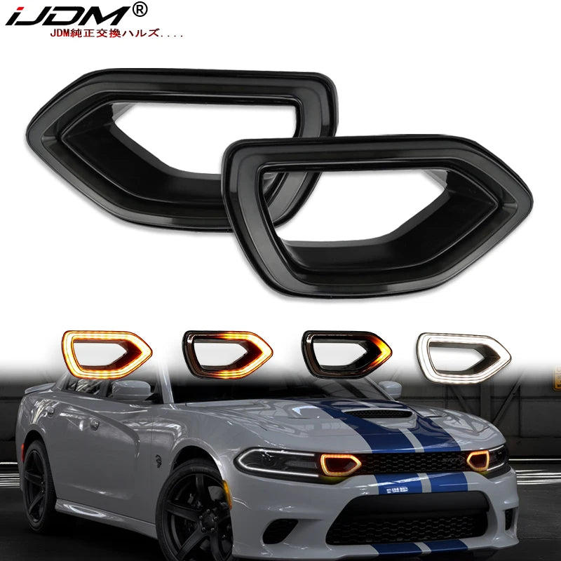 Black switchback LED grille light kit for a white Dodge Charger SRT/Scat Pack.