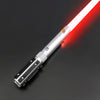 A silver lightsaber with a red glowing blade is shown diagonally against a dark background.