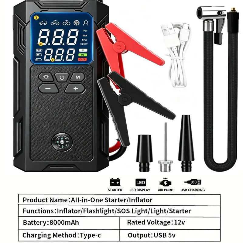 Black all-in-one starter and inflator tool with pliers and charging cables