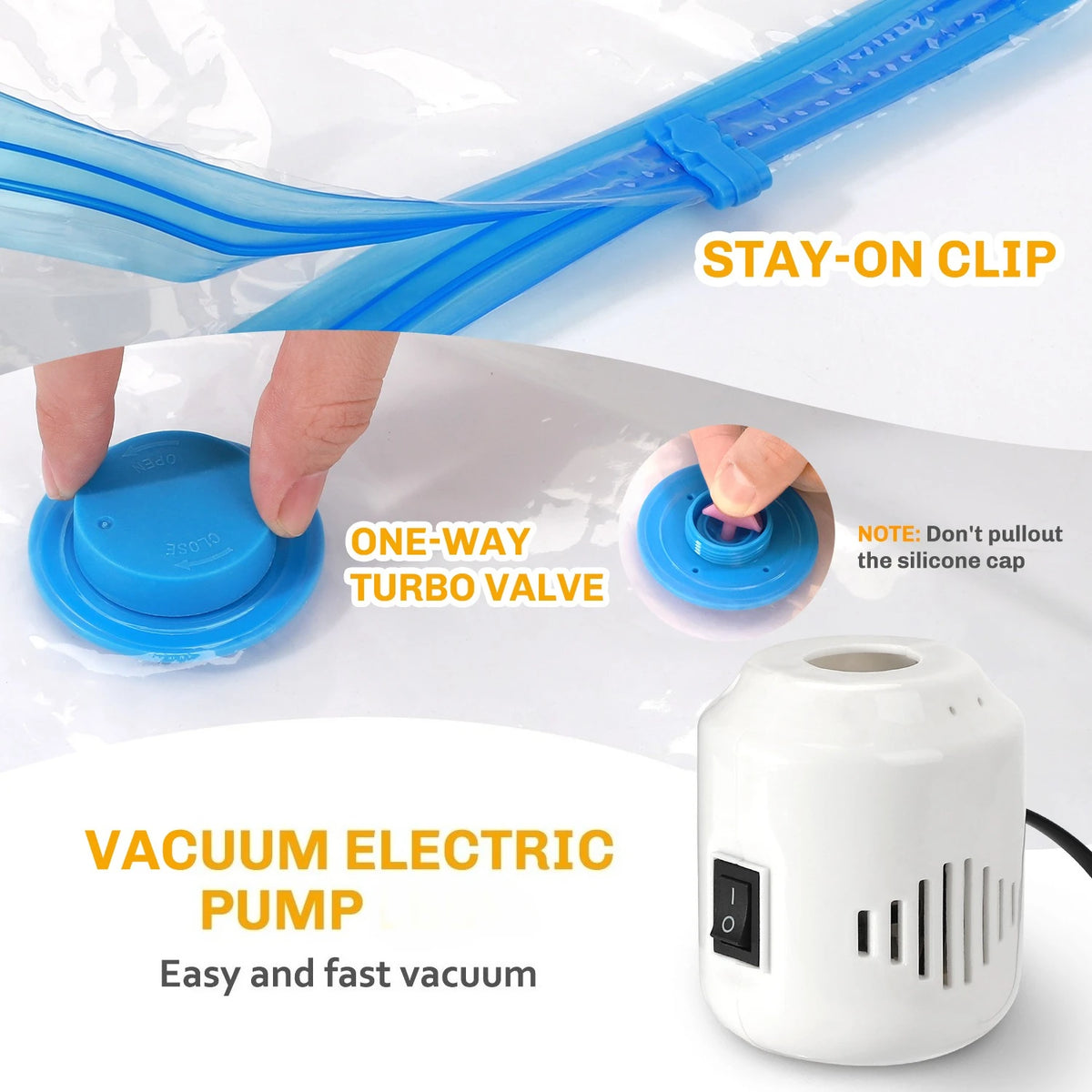 A white vacuum electric pump device is shown next to a blue silicone clip and a translucent bag.