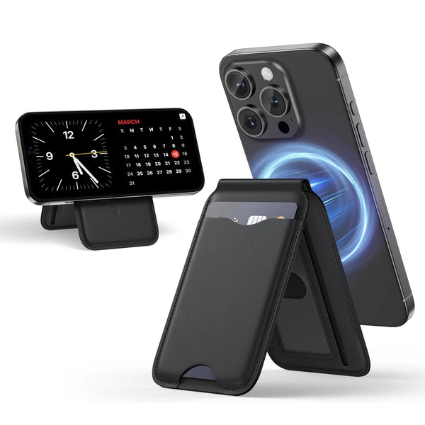 Soporte magnético negro para cartera de iPhone, mostrando esfera de reloj y tarjetas.
