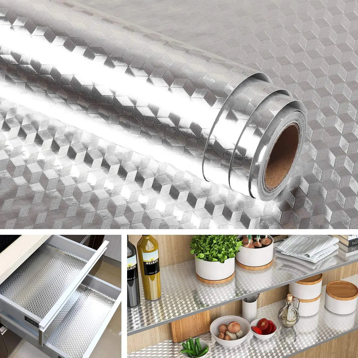 Roll of self-adhesive aluminum foil kitchen wall stickers shown next to a stainless steel storage rack.