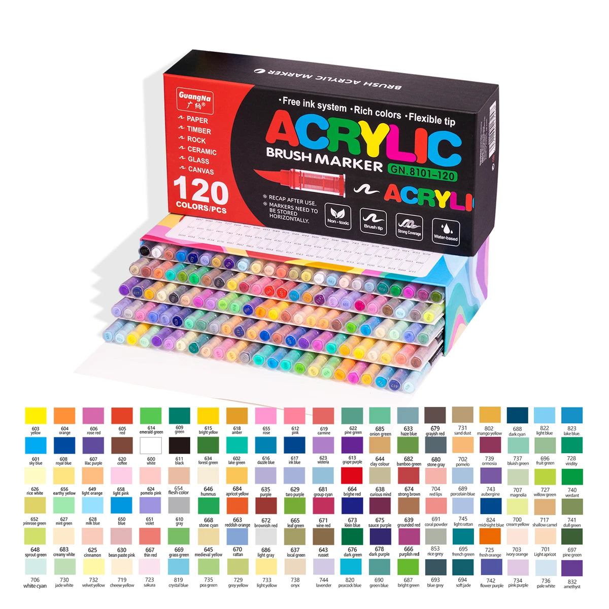 Eine Box mit 120 Acryl-Pinselmarkern in verschiedenen Farben und eine große Auswahl an Einzelmarkern.