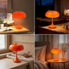 An orange mushroom-shaped LED table lamp with a slender stem is shown in various indoor settings.