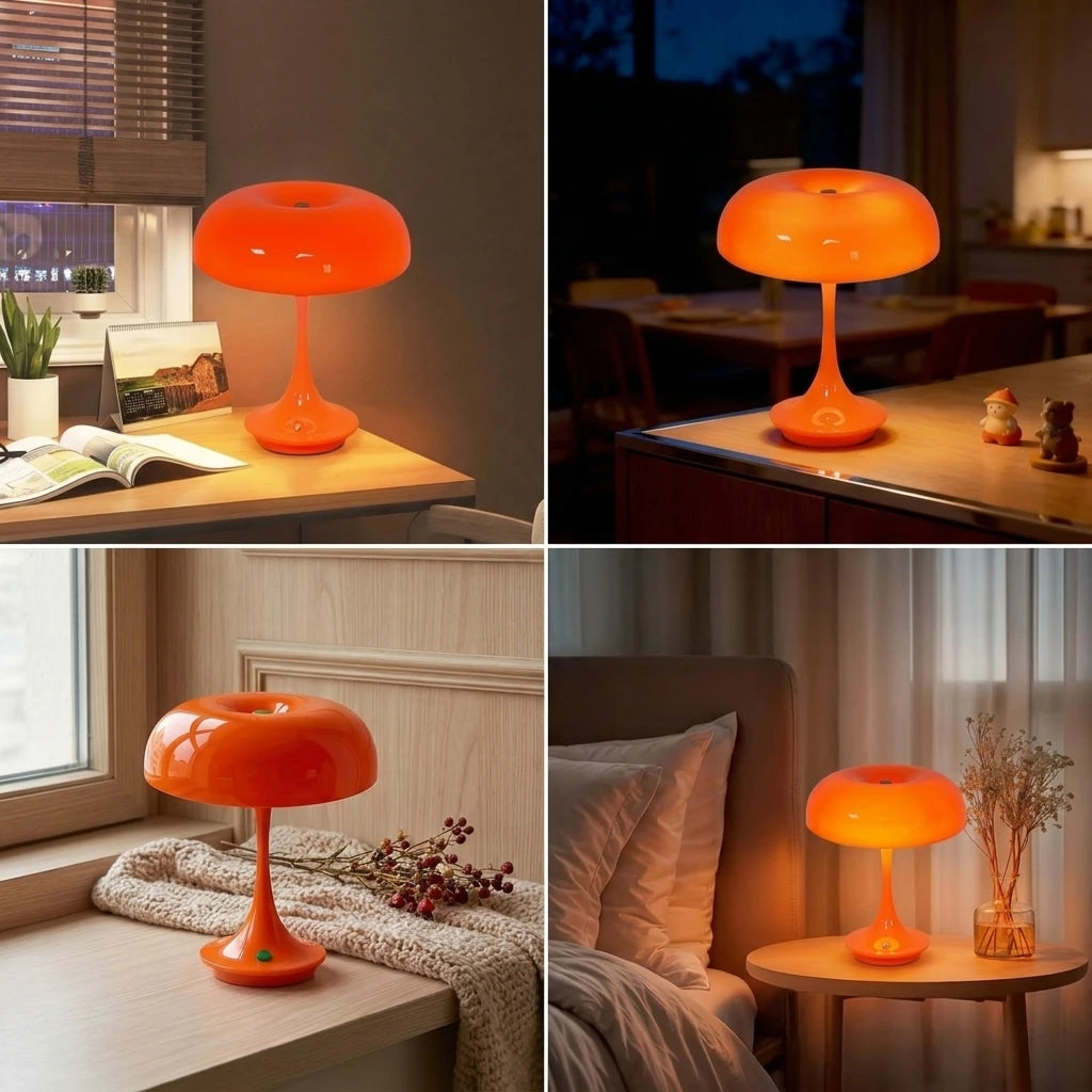 An orange mushroom-shaped LED table lamp with a slender stem is shown in various indoor settings.