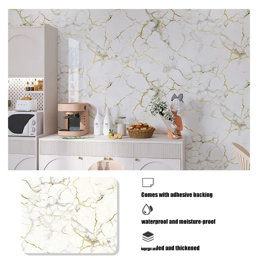 A white marble pattern peel and stick self-adhesive wallpaper applied to a wall, displayed next to kitchen appliances.