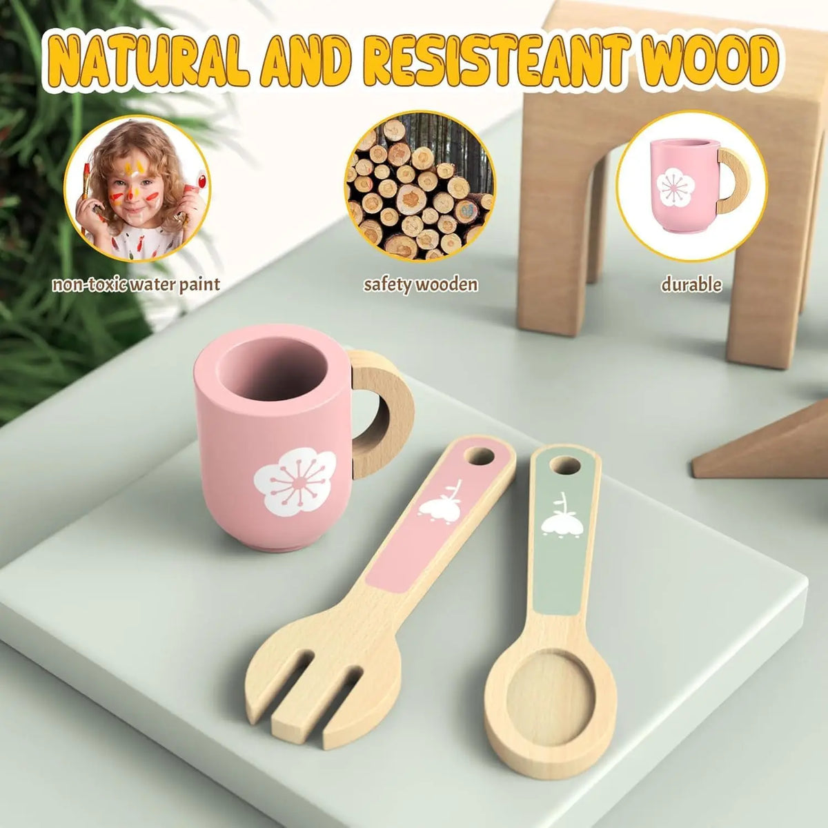 A set of natural and resistant wooden cookie play food with baking accessories including a mug and wooden utensils.