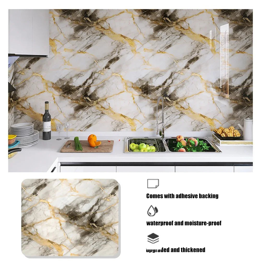 Marble pattern peel and stick self-adhesive wallpaper featuring beige and gold veining on a kitchen backsplash.
