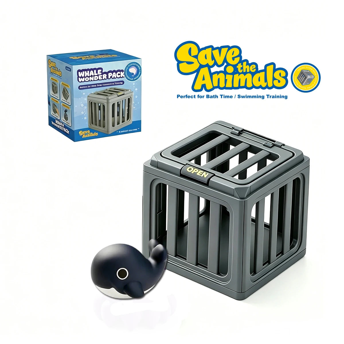 A gray plastic fish pool dive toy is shown next to its packaging and a larger version.