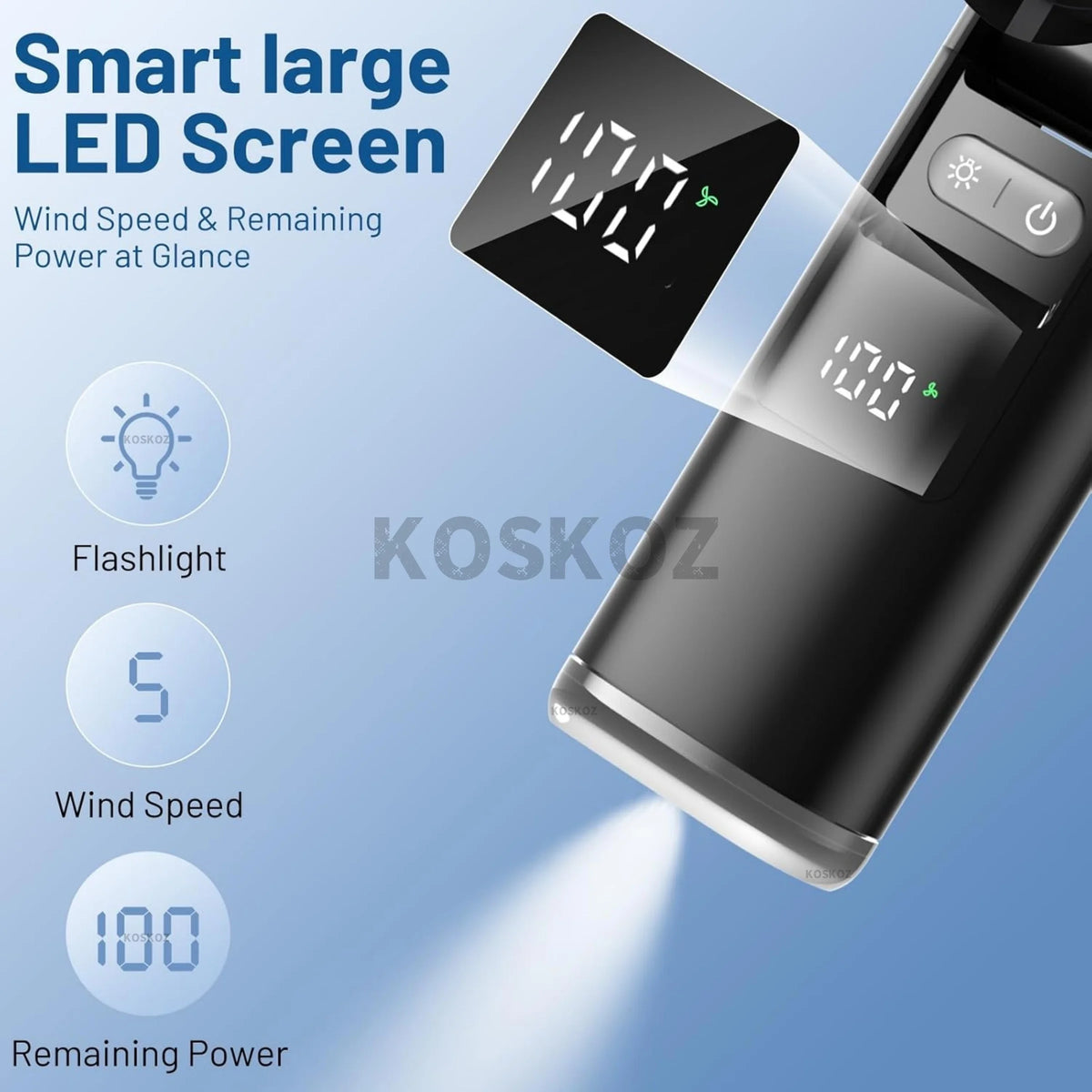 مروحة يدوية سوداء بشاشة LED ذكية تعرض سرعة الرياح والطاقة المتبقية.