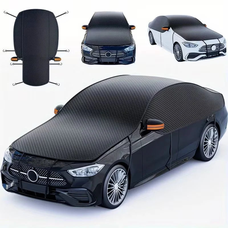 A black car windshield cover with a textured pattern shown alongside various angles and a full vehicle installation.