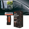A bottle of OGAS Glass Emulsion oil film remover cleaning brush shown next to a car window comparison.