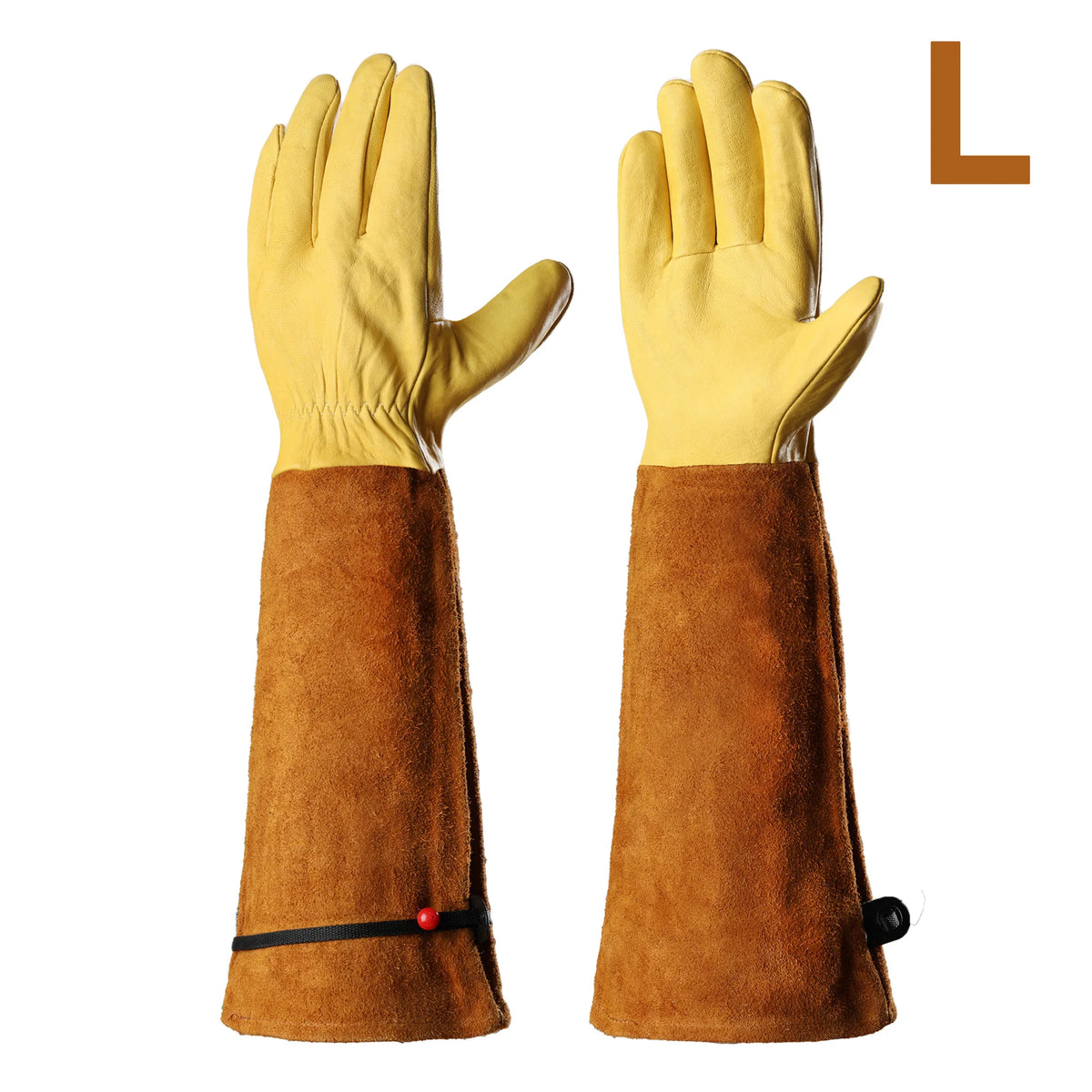 A pair of yellow gardening gloves with brown cuffs and a black accent ring.