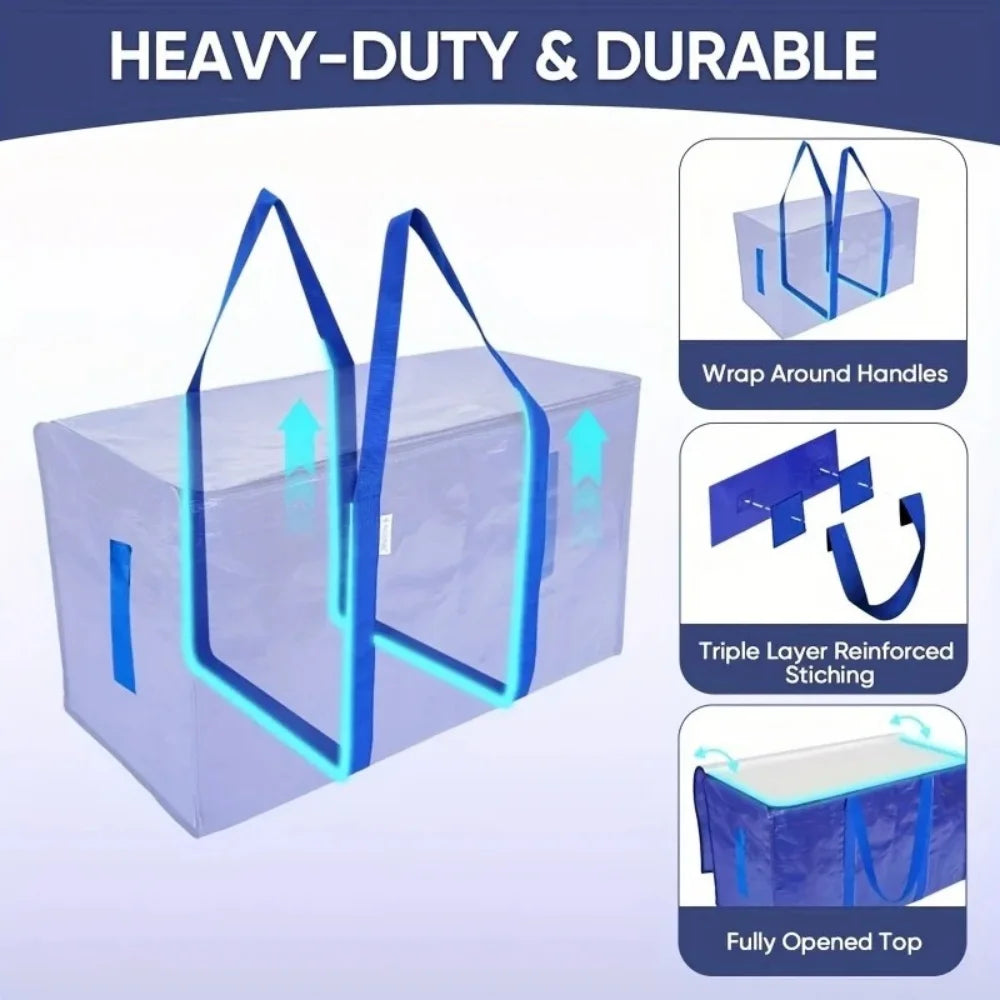 A translucent blue heavy-duty moving bag with handles and zippers, showing features like wrap-around handles, triple-layer st