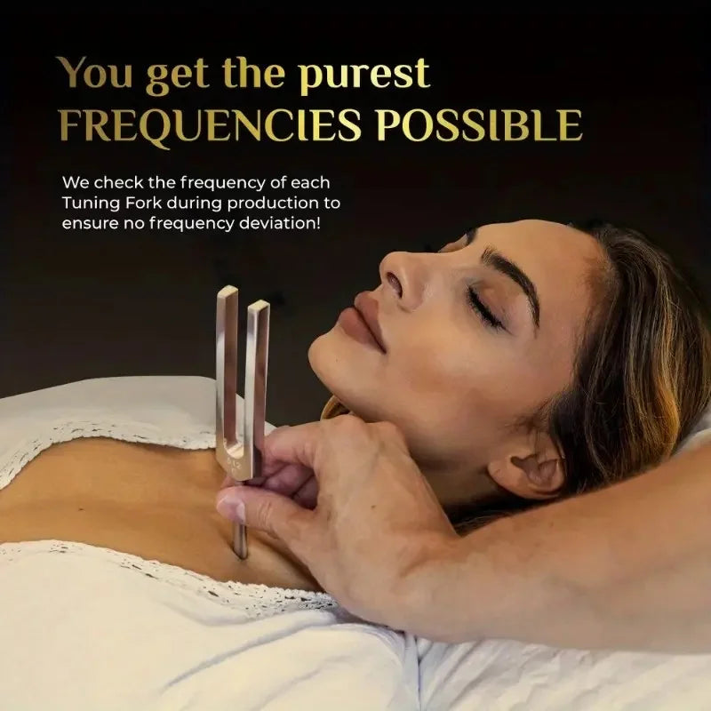 A woman is shown applying a tuning fork to her body during sound therapy or meditation.