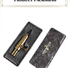 A gold-plated brass tenor saxophone mouthpiece is displayed in a black leather product packaging box.