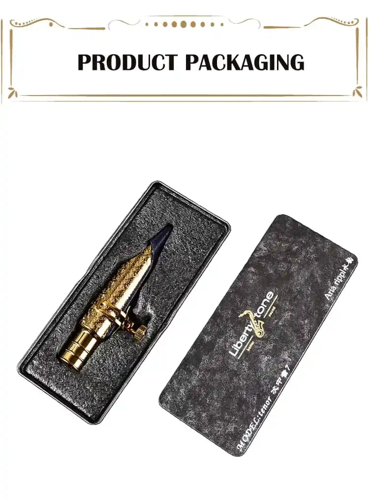 A gold-plated brass tenor saxophone mouthpiece is displayed in a black leather product packaging box.