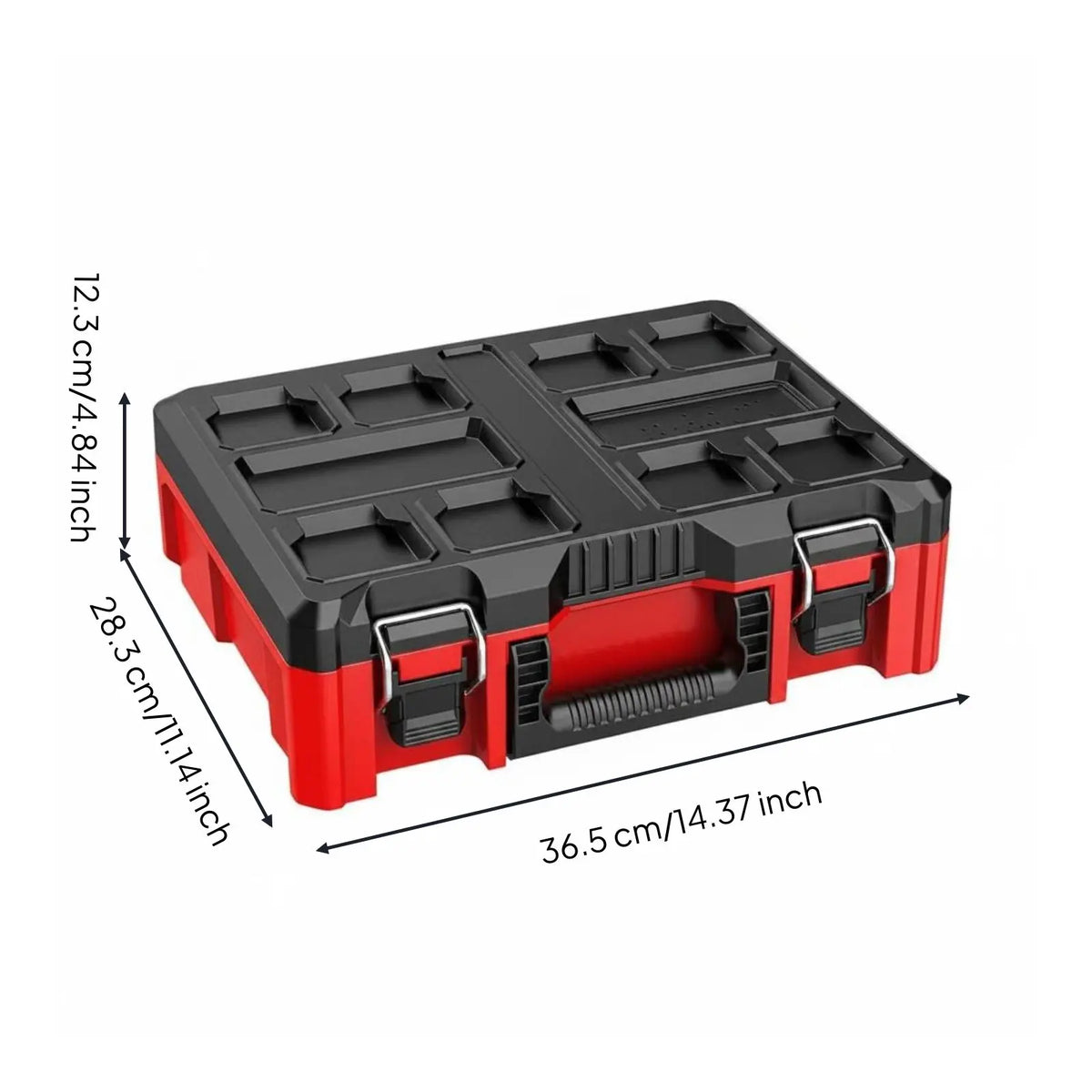A red and black modular stackable tool organizer case with a lid, shown from above.