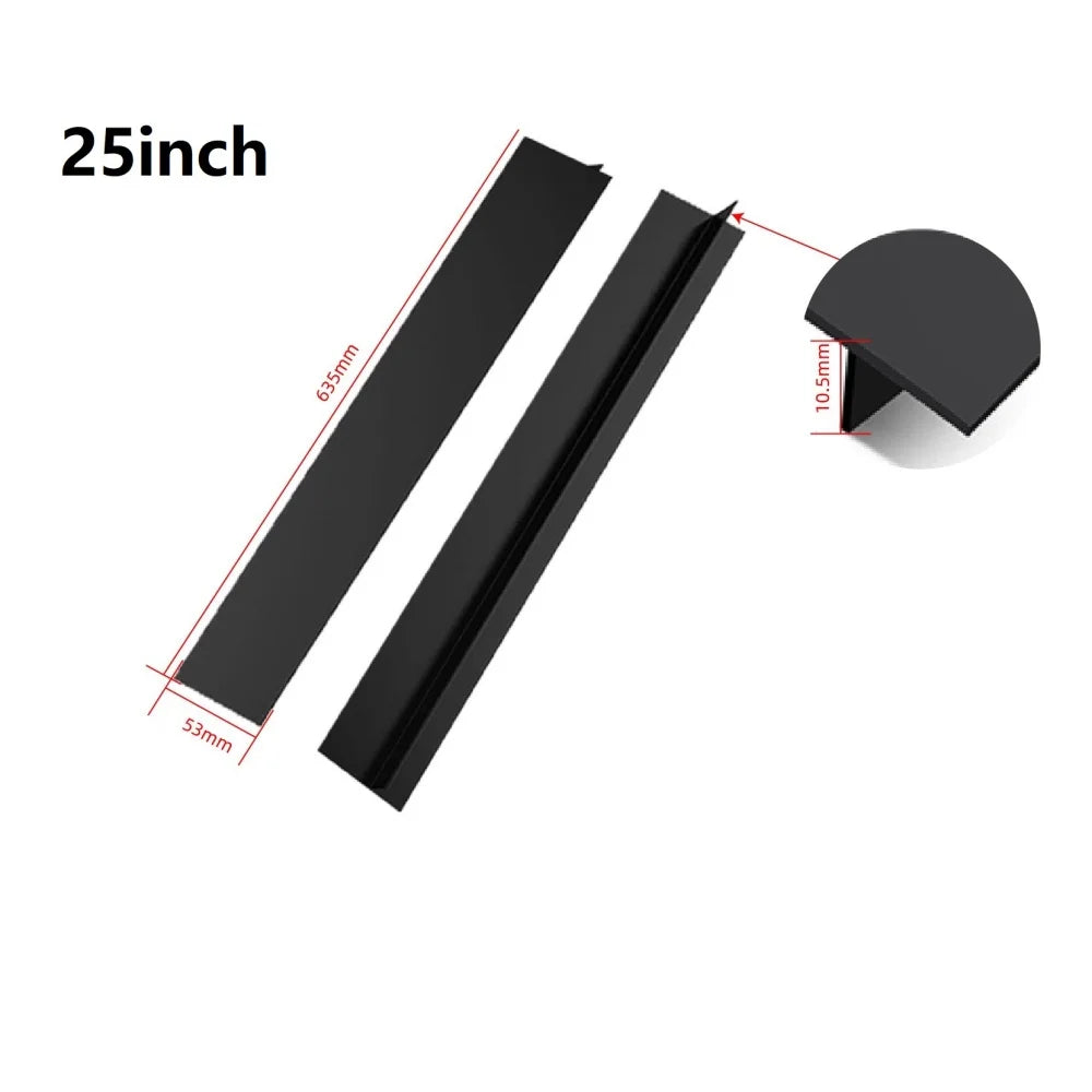 A black heat-resistant silicone stove gap cover shown with dimensions 25 inches, 635mm, and 53mm.
