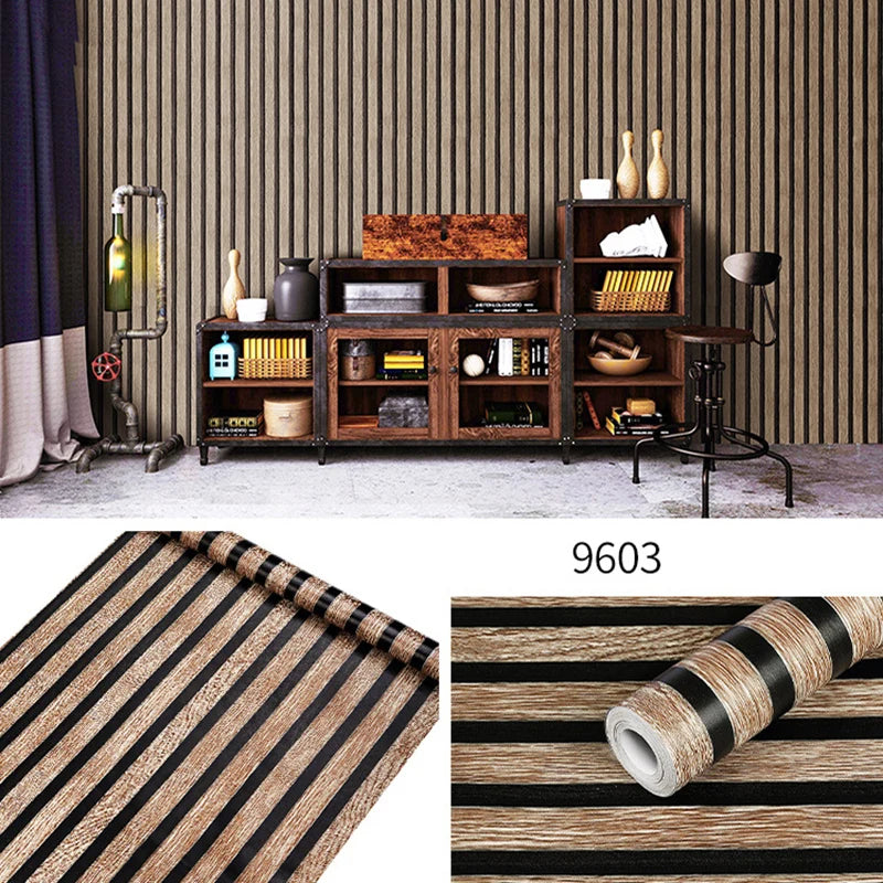 Roll of brown and black striped peel-and-stick wallpaper for interior design