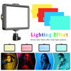 A 6 inch RGB LED video light panel with a tripod and remote, shown alongside various colored filters and lighting effects.