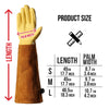 A set of brown gardening gloves shown with a size chart detailing length and palm width measurements.