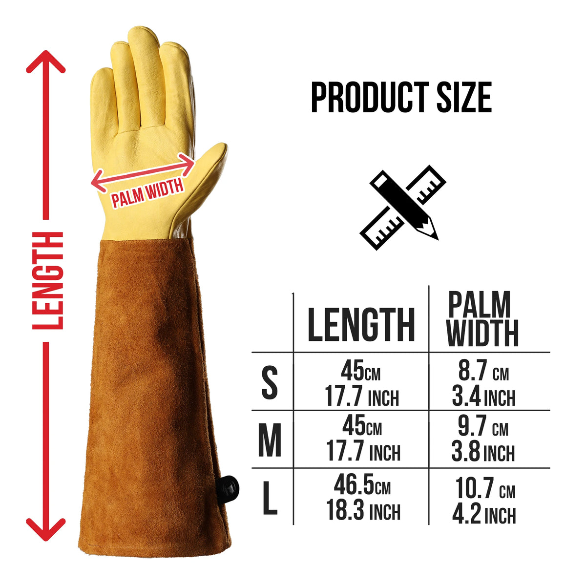 A set of brown gardening gloves shown with a size chart detailing length and palm width measurements.