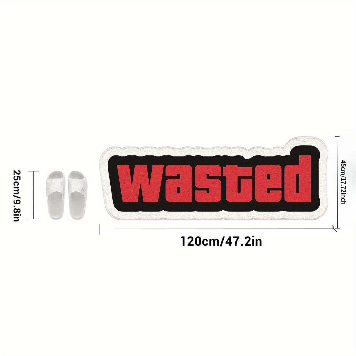 Alfombra de bienvenida en blanco y negro con la palabra 'wasted' impresa en rojo