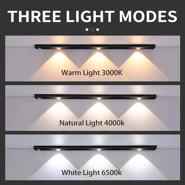 Tres opciones de luz para luces LED de sensor de movimiento bajo el gabinete: luz cálida, natural y blanca.