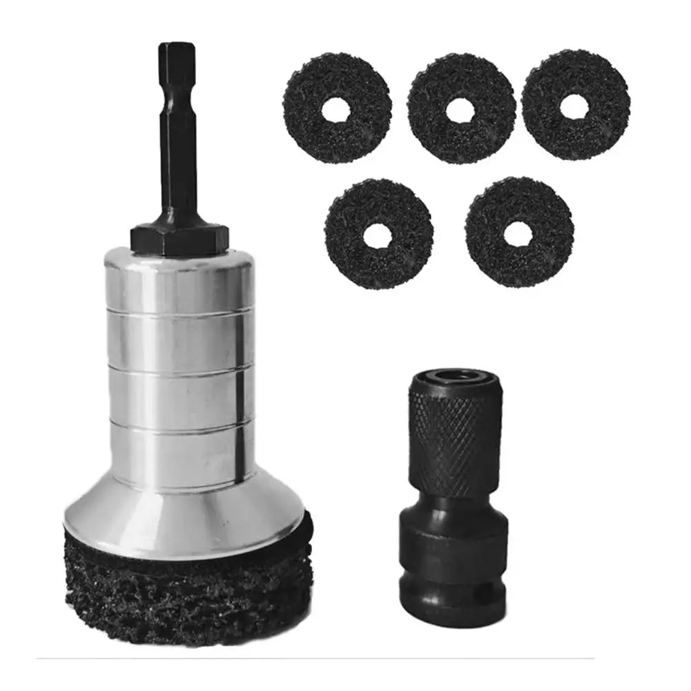 A set of black abrasive discs and a silver drill attachment for wheel hub rust removal and polishing.