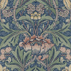 Blue vintage damask floral peel and stick wallpaper featuring green and pink botanical patterns.