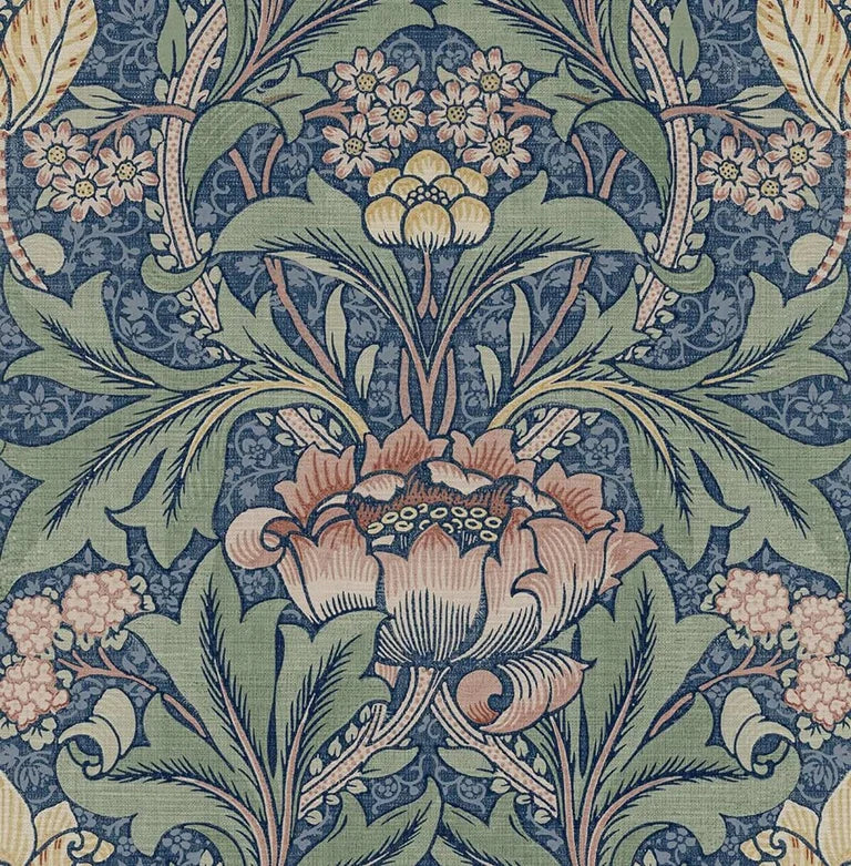 Blue vintage damask floral peel and stick wallpaper featuring green and pink botanical patterns.