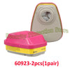 A pink and gray full-face respirator mask with a clear filter compartment is shown.