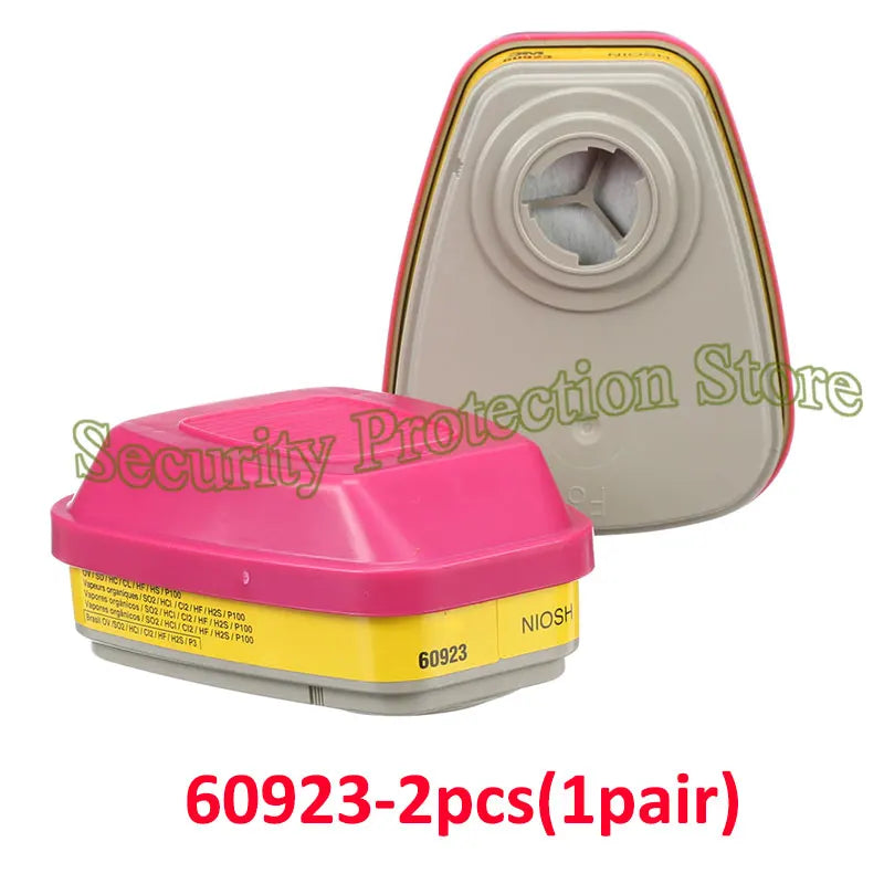 A pink and gray full-face respirator mask with a clear filter compartment is shown.