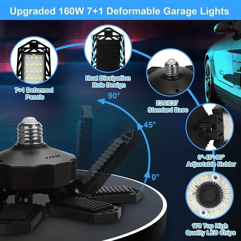 An adjustable 8-panel LED garage light with an E26/E27 standard base and a heat dissipation hole design.
